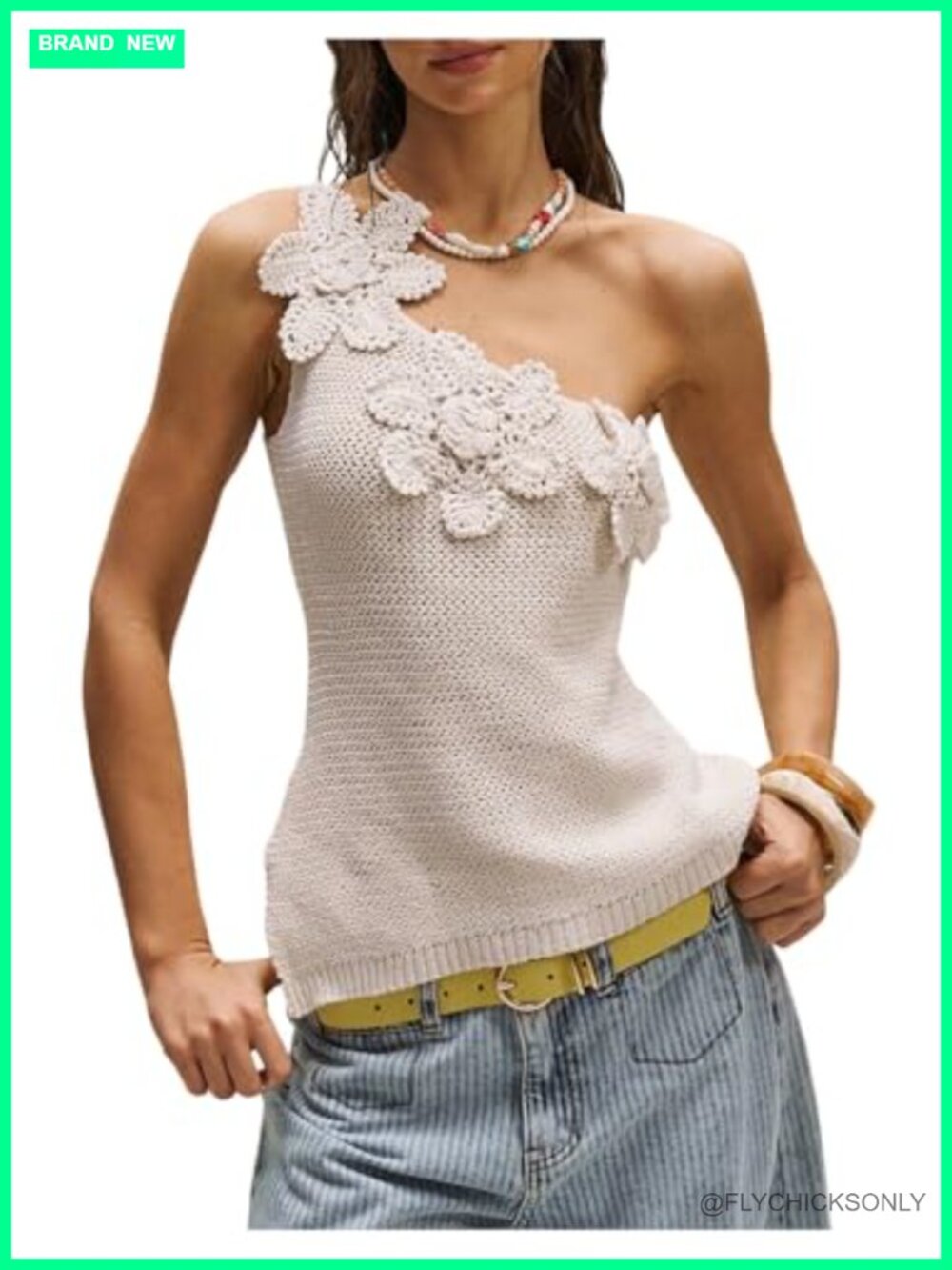 OYOANGLE One Shoulder Crochet Sweater Vest 3D Floral Asymmetrical Knit Top